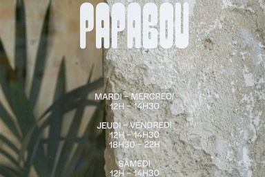Papabou brand identity graphic design featuring bold white typography overlaid on a textured stone wall and blurred green foliage.