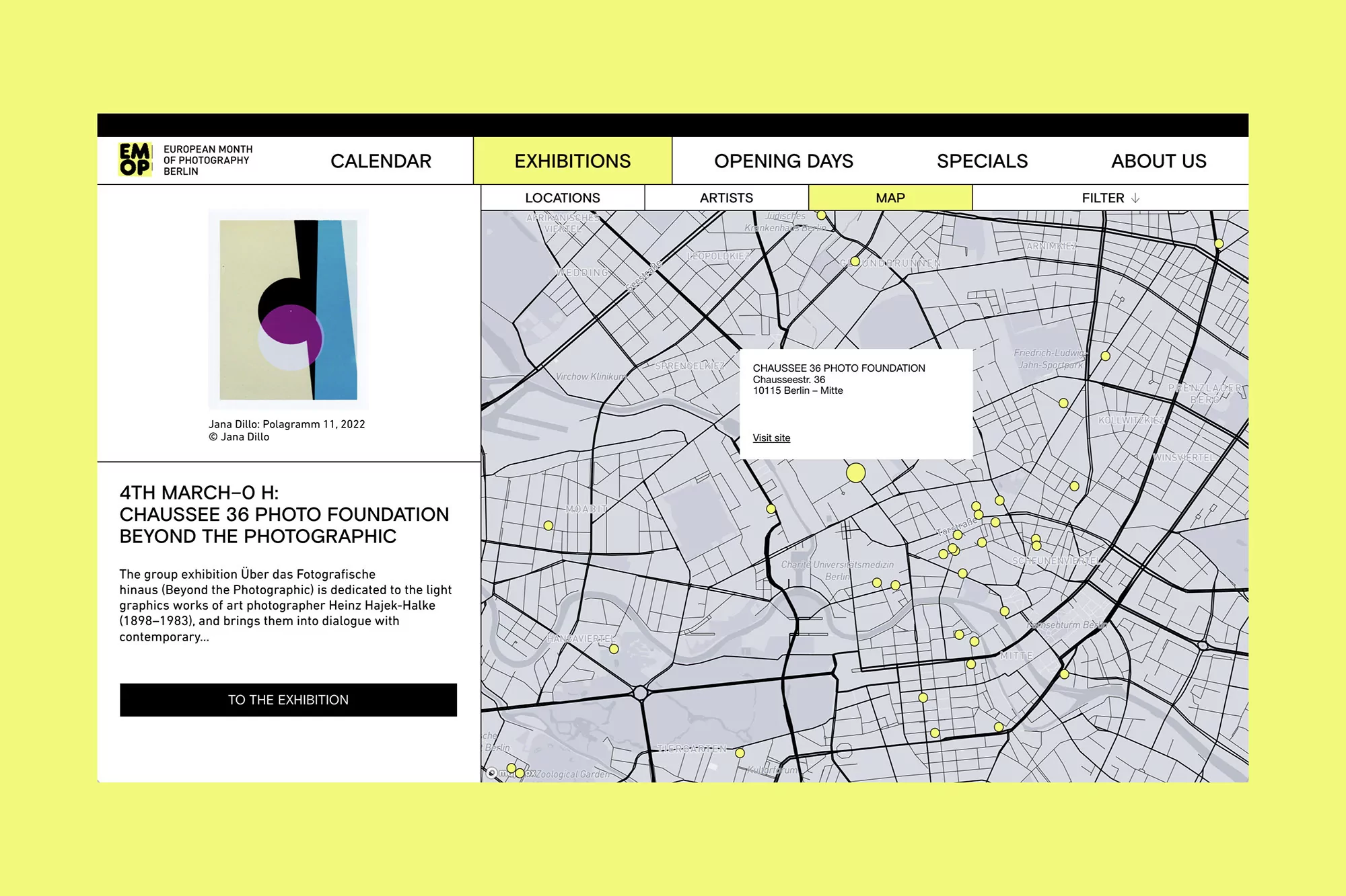 Website for European Month of Photography in Berlin features exhibition details, calendar, map of locations, and opening day information.