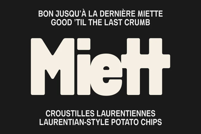 Promotional graphic for Miett Laurentian-style potato chips set against a dark brown background, featuring white, bold sans-serif typography.