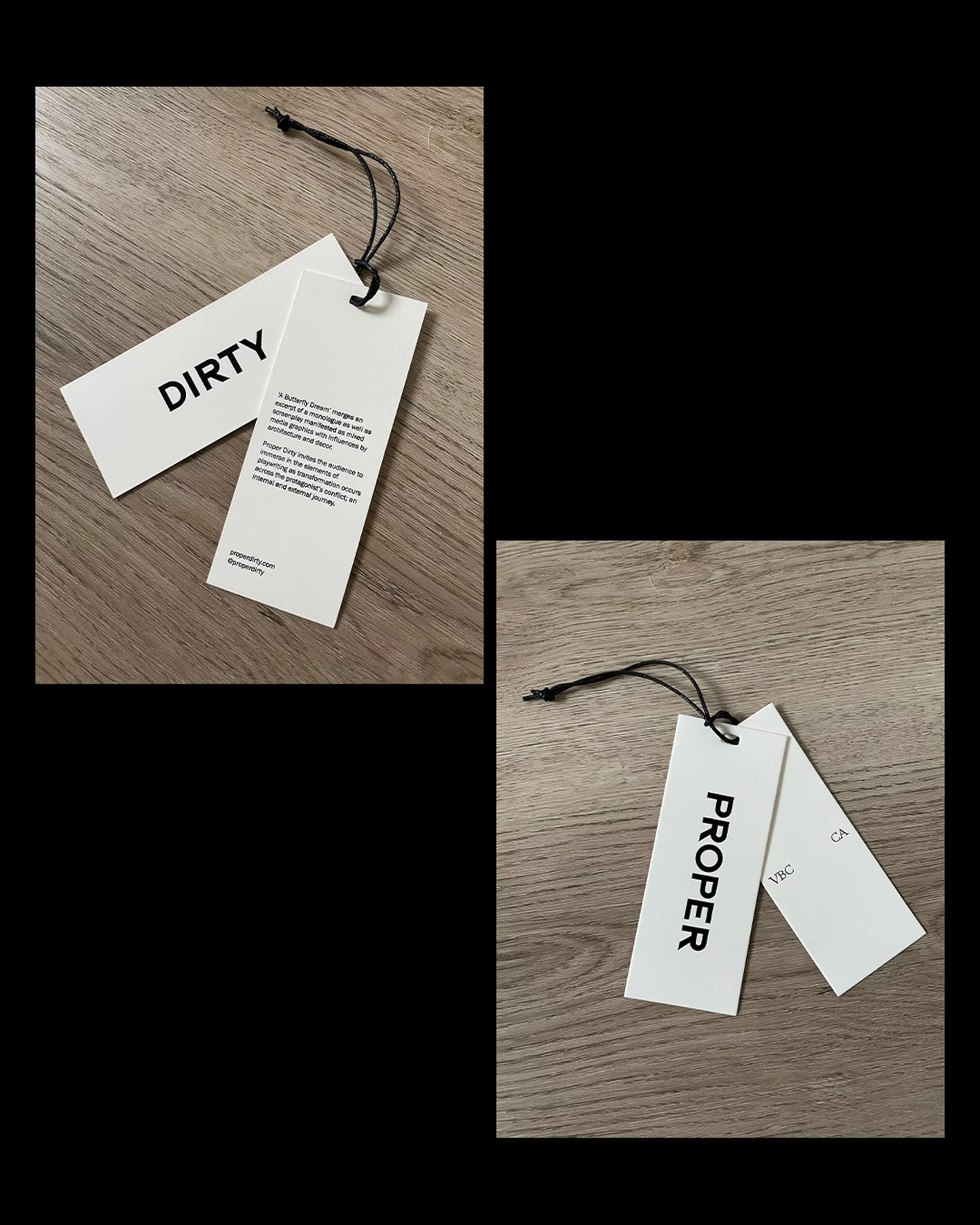 Two product tags, one labeled 'DIRTY' and the other 'PROPER,' lay on a wood-grain surface, showcasing branding and product information.