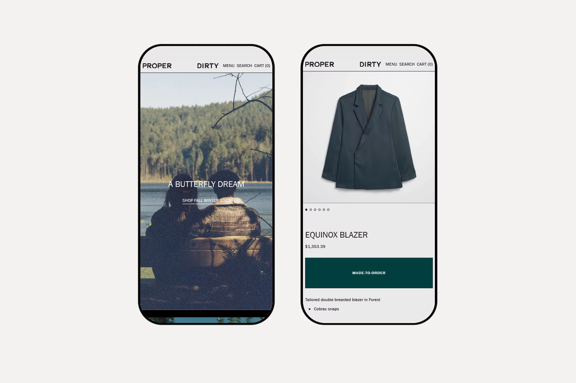 Two smartphone screens showcase a website for 'Proper,' featuring an outdoor scene with people and a blazer product shot.