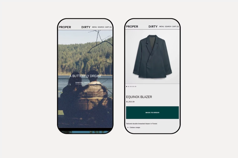 Two smartphone screens showcase a website for 'Proper,' featuring an outdoor scene with people and a blazer product shot.
