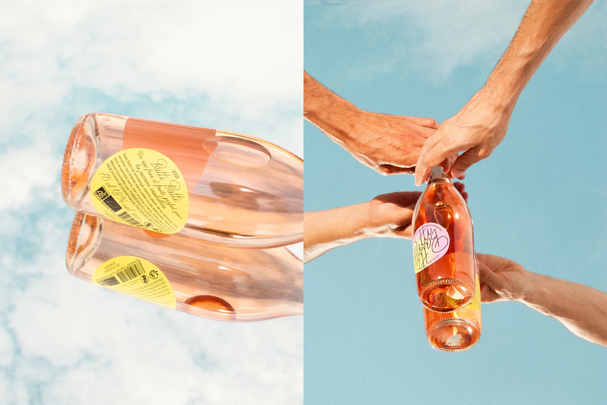 Multiple hands hold a bottle of pink wine against a blue sky backdrop, showcasing a light and airy aesthetic for a beverage product.