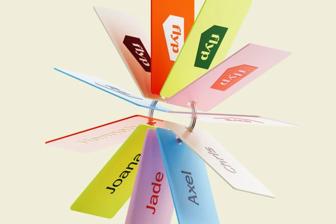 Colorful tags with names and the 'flyp' logo, arranged in a circular pattern on a light yellow background, create a vibrant and playful image.