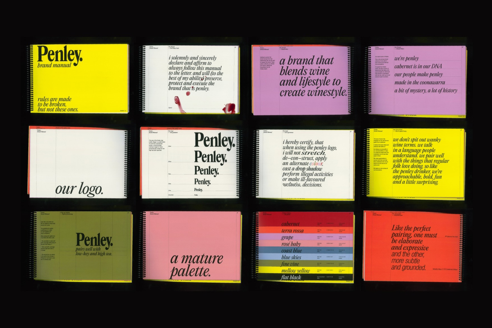 Brand manual with colorful pages and typography showcasing the Penley brand. Open pages display various statements and brand elements.