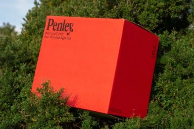 Bright red Penley cardboard box nestled amongst green foliage outdoors with printed text on the surface.