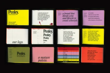 Grid of twelve spiral-bound brand manual pages showcasing bold typography, vibrant colour blocks, and editorial layouts for Penley