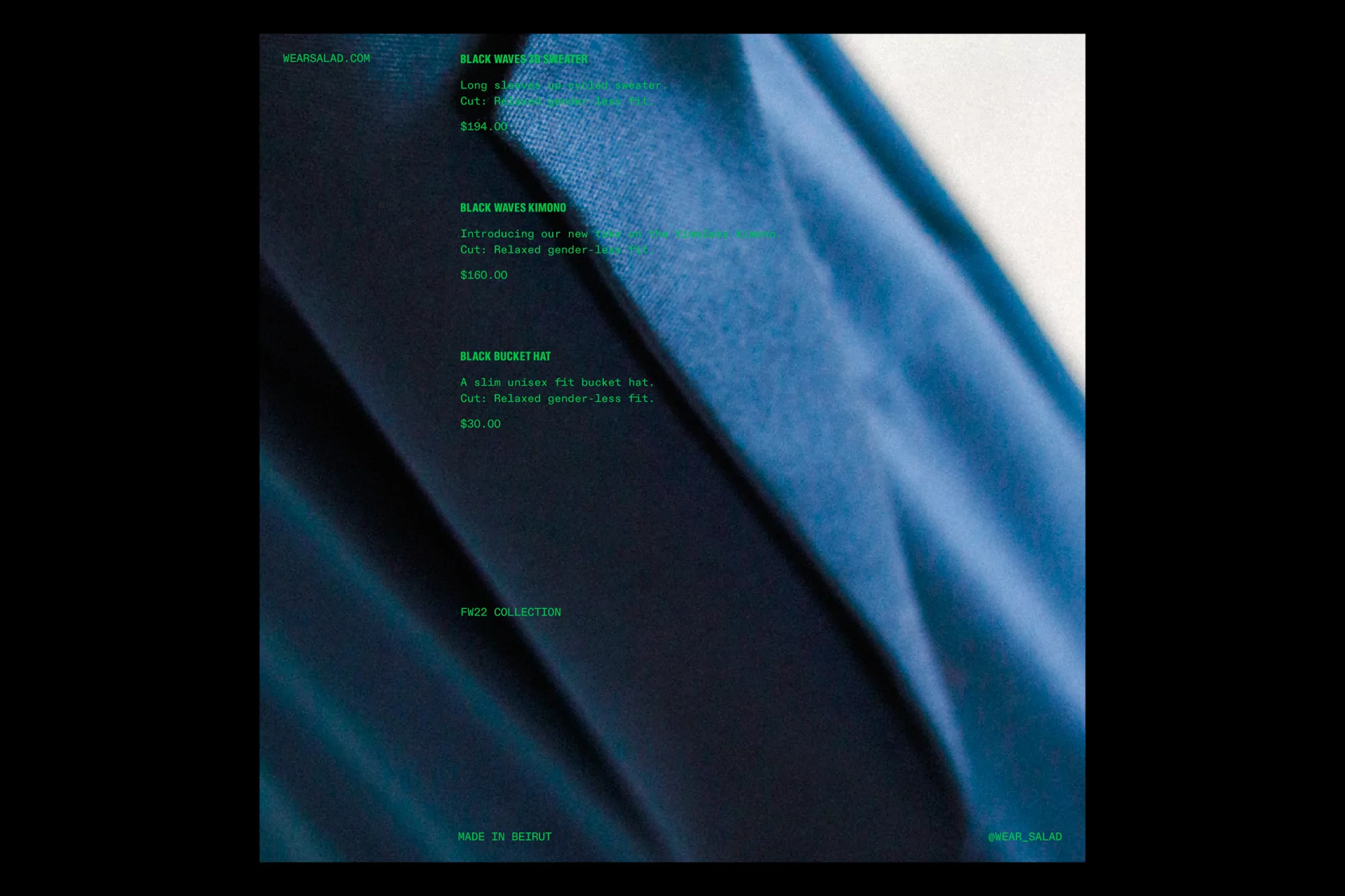Close-up of blue fabric texture and product ad copy featuring a sweater, kimono, and bucket hat from the FW22 collection by Wearsalad.