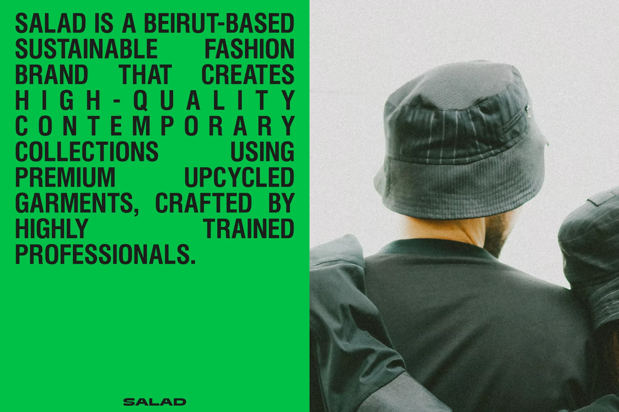 Promotional image featuring two partially-visible adult males wearing hats and dark clothing, with green text overlay promoting a fashion brand.