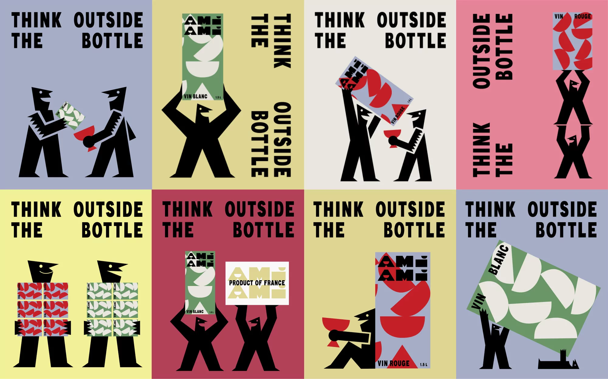 Graphic design featuring silhouetted figures holding wine and wine boxes, with text 'Think Outside The Bottle' in colorful blocks.