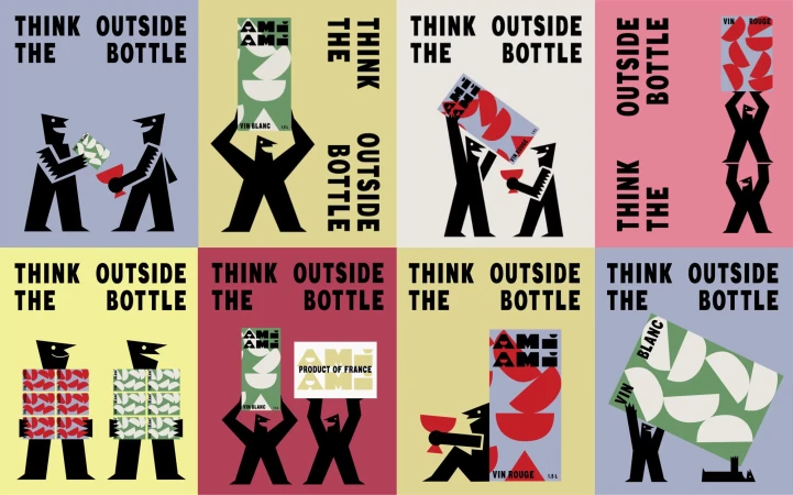Graphic design featuring silhouetted figures holding wine and wine boxes, with text 'Think Outside The Bottle' in colorful blocks.