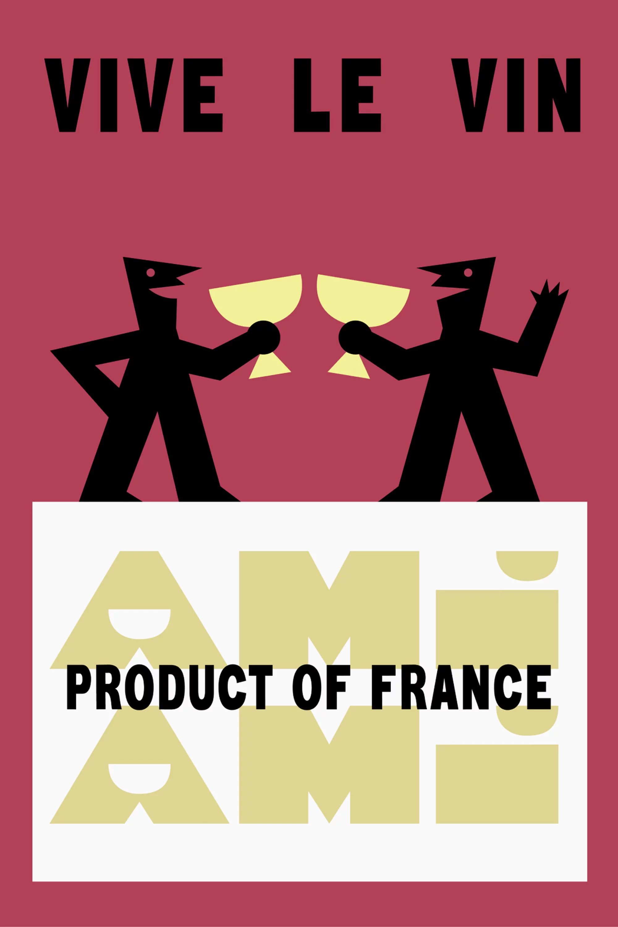Illustration of two stylized figures toasting wine glasses, set against a red background with text and a geometric design.