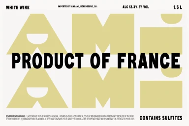 Minimalist wine label design featuring bold geometric typography and pale yellow shapes on white background