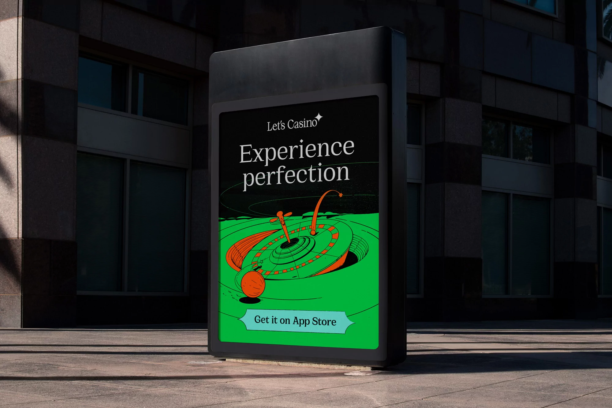 Outdoor advertisement for Let's Casino featuring vibrant green and orange graphics promoting 'Experience perfection' with app store availability.