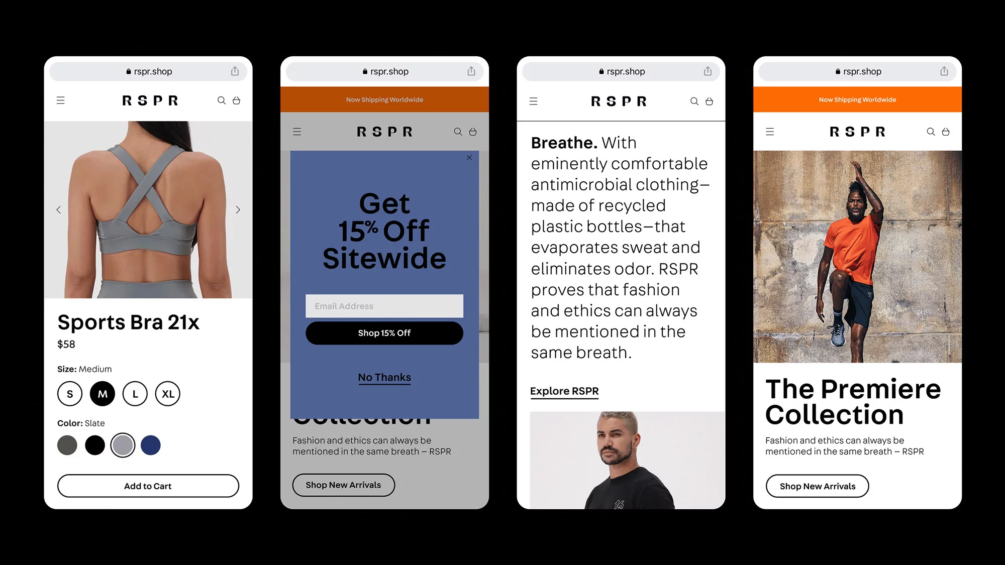 Four smartphone screens showcasing the RSPR brand website, featuring athletic wear and promotional offers against a black backdrop.