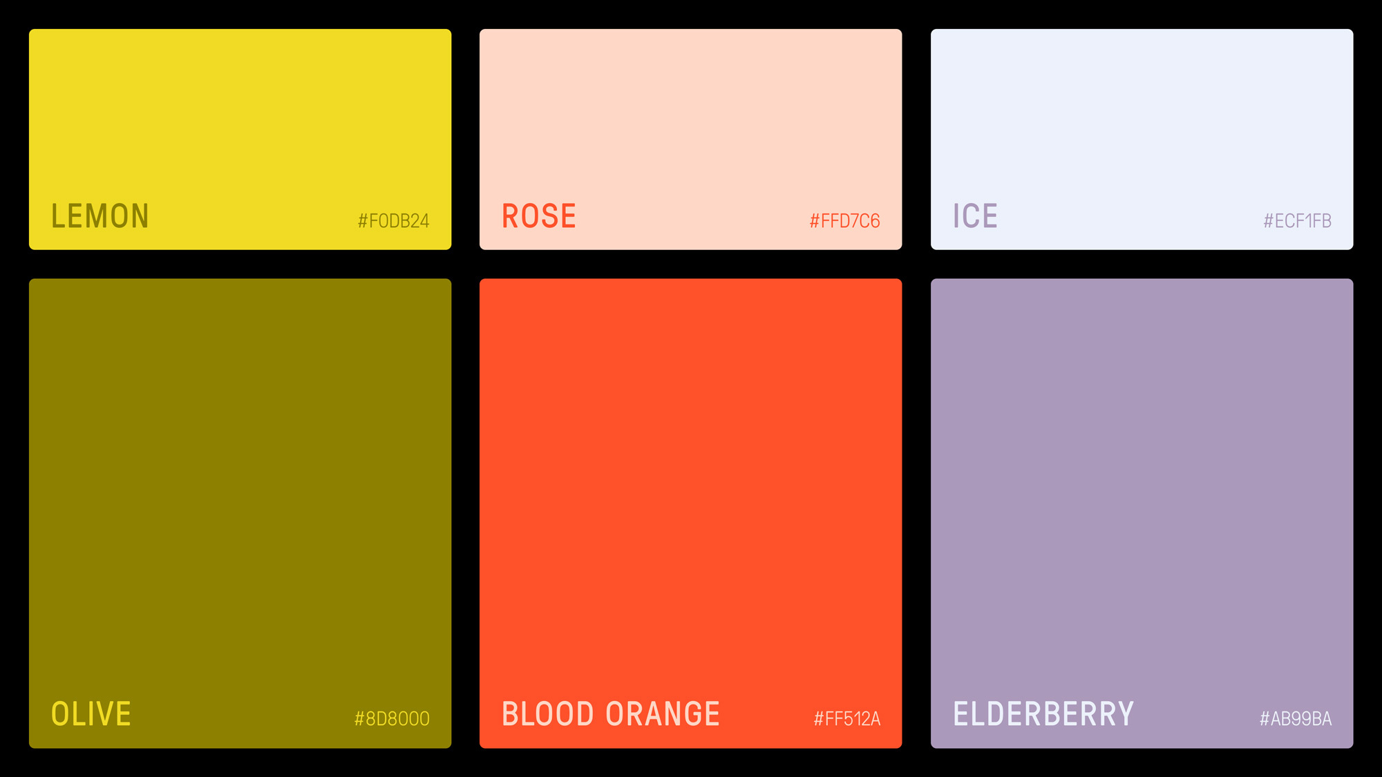 Color palette featuring lemon, rose, ice, olive, blood orange, and elderberry hues on a black background, alongside their hex codes.