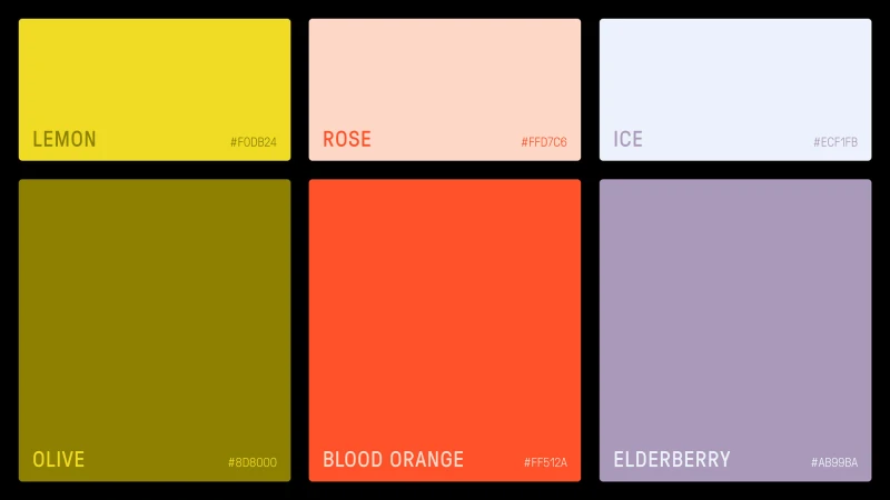 Color palette featuring lemon, rose, ice, olive, blood orange, and elderberry hues on a black background, alongside their hex codes.