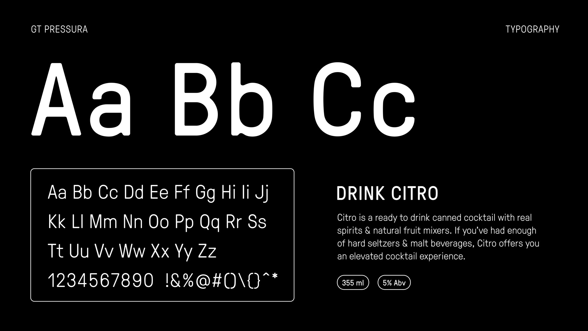 Typography design featuring a white sans-serif font with upper and lowercase letters and numbers against a black background.
