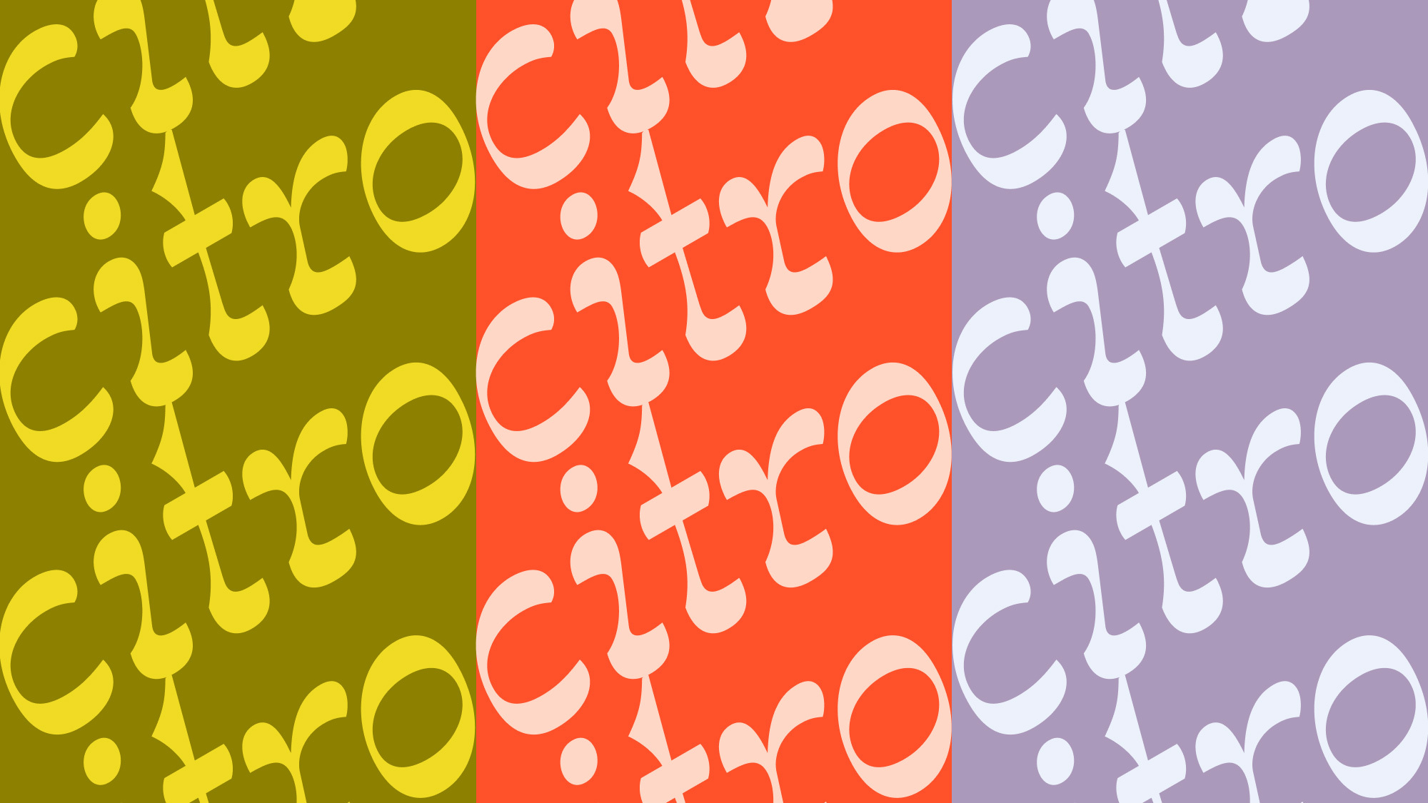 Colorful graphic design with repeating white 'Citro' text on orange, olive green, and lilac backgrounds.