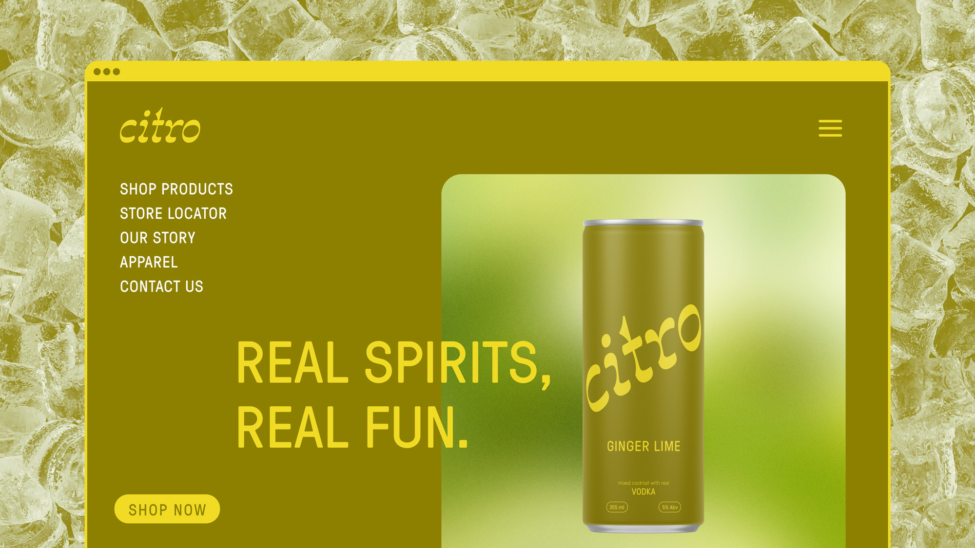 Citro Ginger Lime beverage can on a branded landing page with menu, product advertisement, and ice cube background texture.