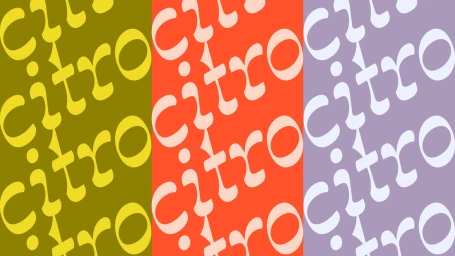 Citro brand identity graphic design featuring diagonal repeating typographic wordmark patterns in yellow orange and purple panels