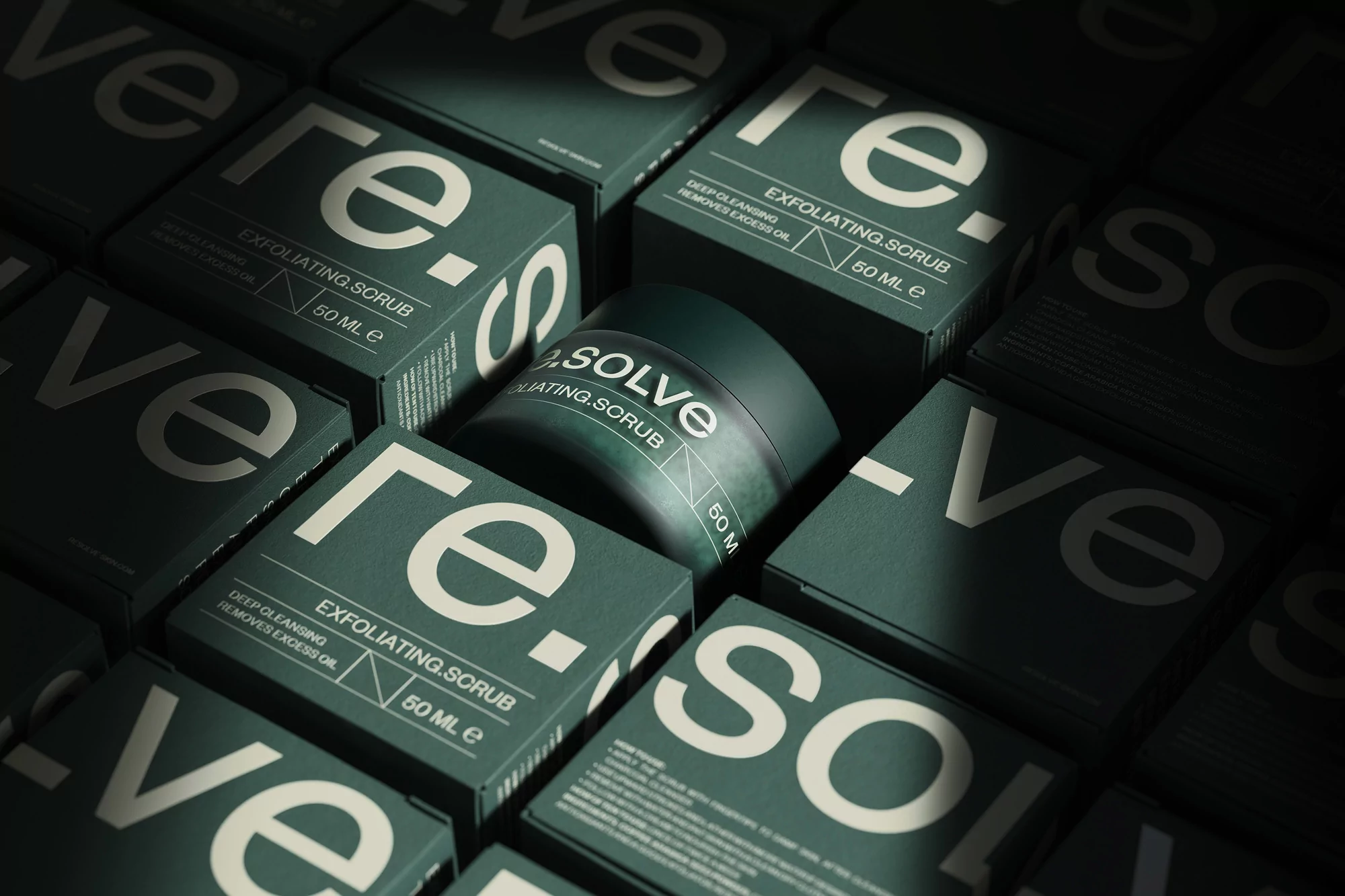 Close-up of arranged dark green skincare product boxes and a single jar labeled 're.solve EXFOLIATING.SCRUB,' creating a textured, patterned product display.