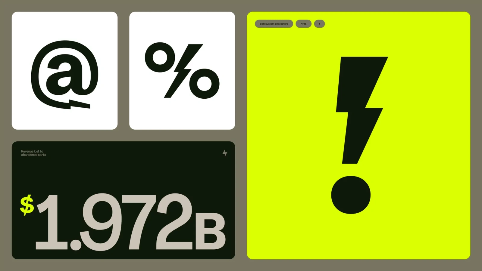 Graphic design brand identity elements featuring bold typography, custom symbols, and a bright green exclamation point for Bolt