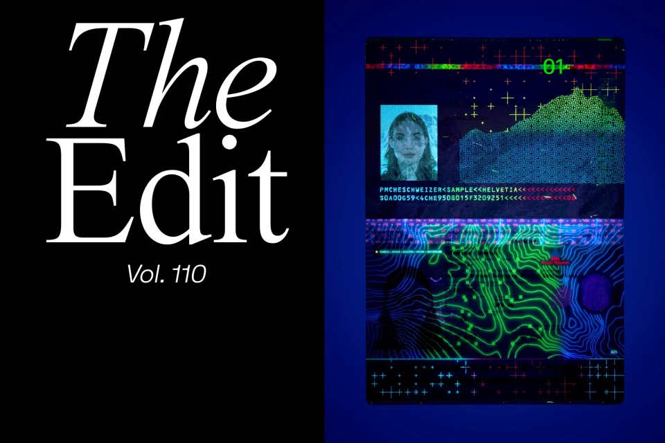 Magazine cover: The Edit, Vol. 110, featuring a person's portrait integrated into a digital-style graphic of landscapes and data.