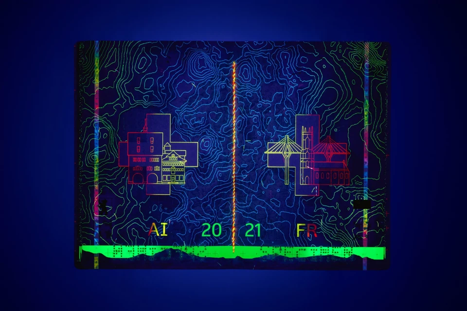 Abstract topography map illustration with architectural line drawings, colorful accents, and dark blue background creating a modern, artistic image.