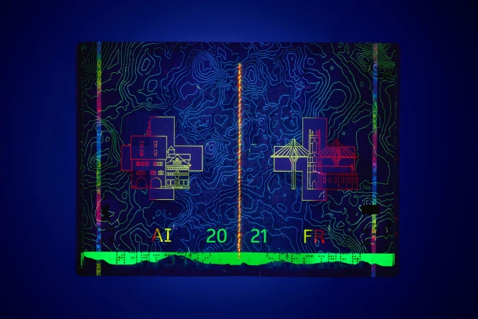 Abstract topography map illustration with architectural line drawings, colorful accents, and dark blue background creating a modern, artistic image.