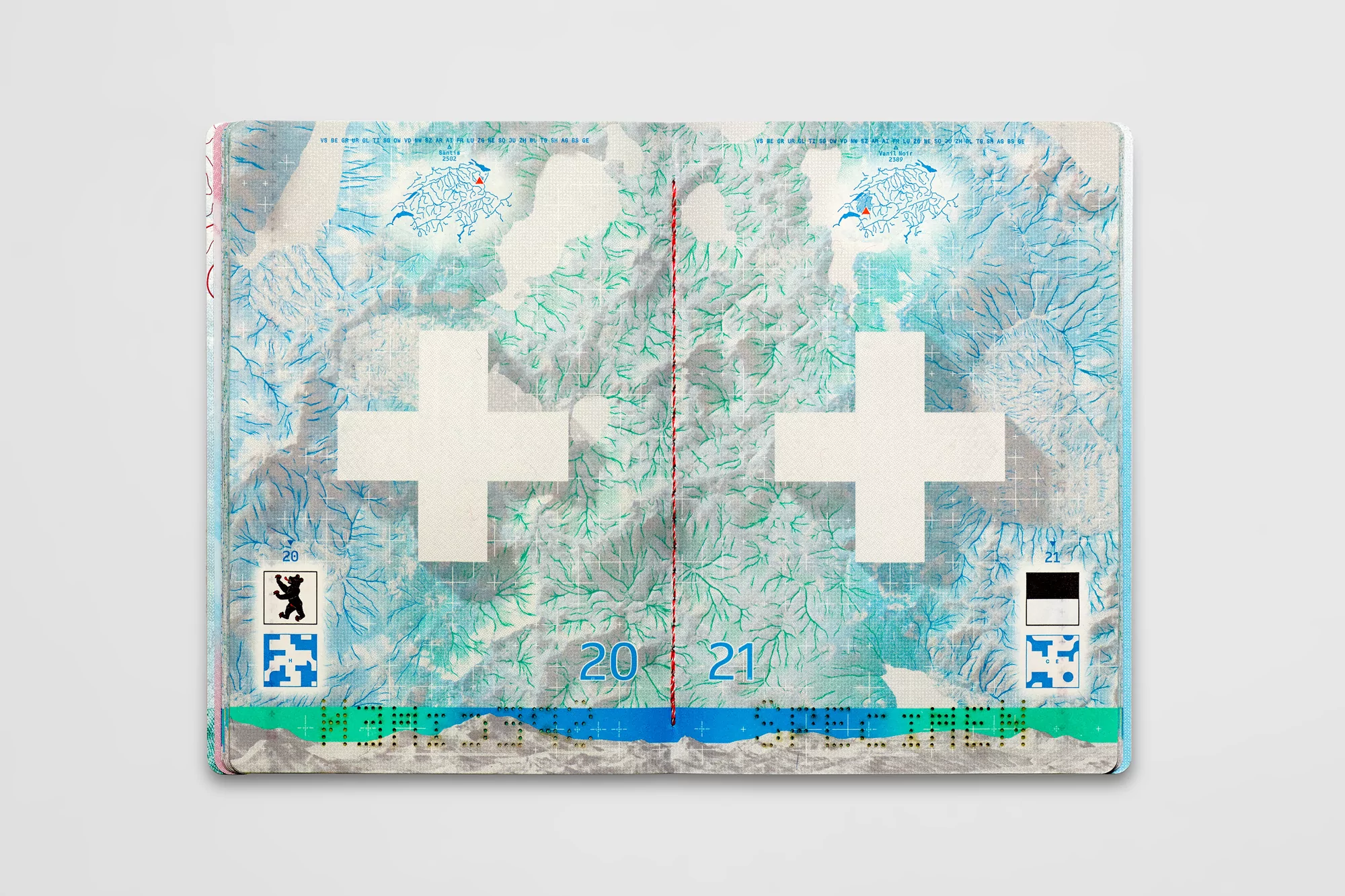 Open passport with topographic map and Swiss flag crosses, set against a light grey background.