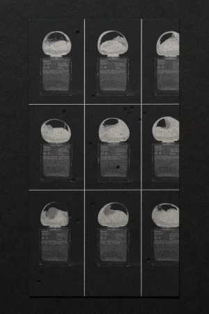 Nine photographic prints on black paper showing studio flash heads with varying light diffusion. Black background, top-down perspective.