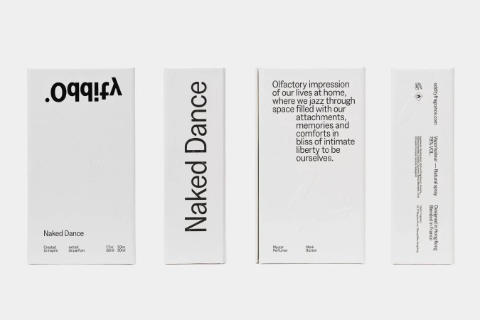 Four white perfume boxes are displayed in a row, with text in black. The perfume is called Naked Dance by ytibbo, in Hong Kong.