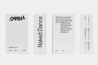 Four views of white fragrance product packaging featuring minimalist black typography and embossed paper texture on light grey.