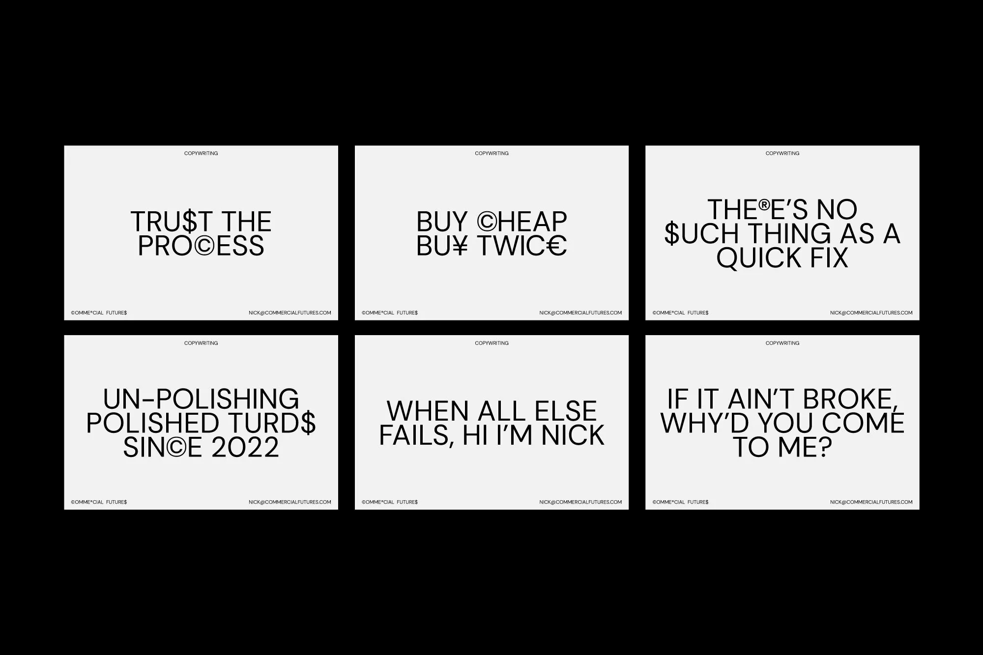 Six white cards display motivational and humorous copywriting phrases in black font with currency symbols, against a black background.
