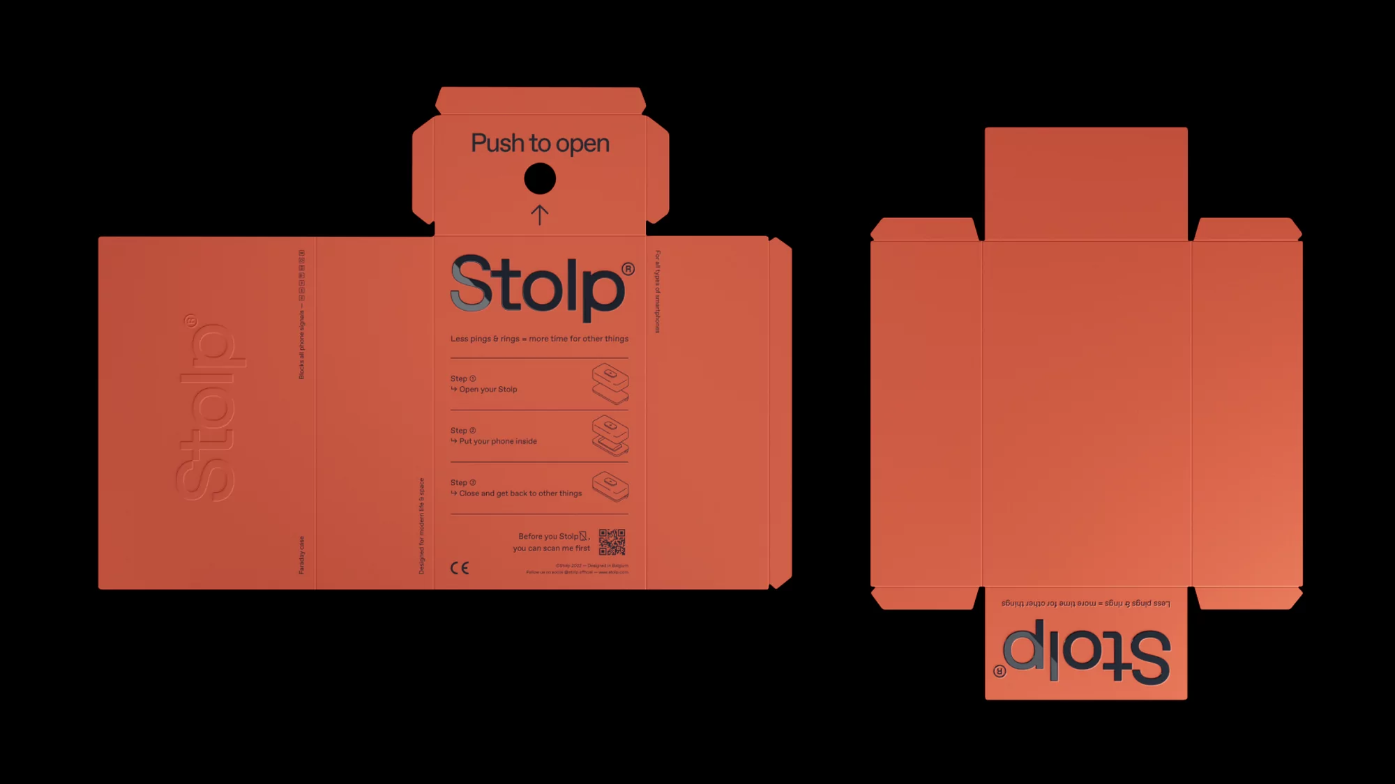 Unfolded orange Stolp packaging box on a black background. The product name is printed on the box in a dark blue, sans-serif font.