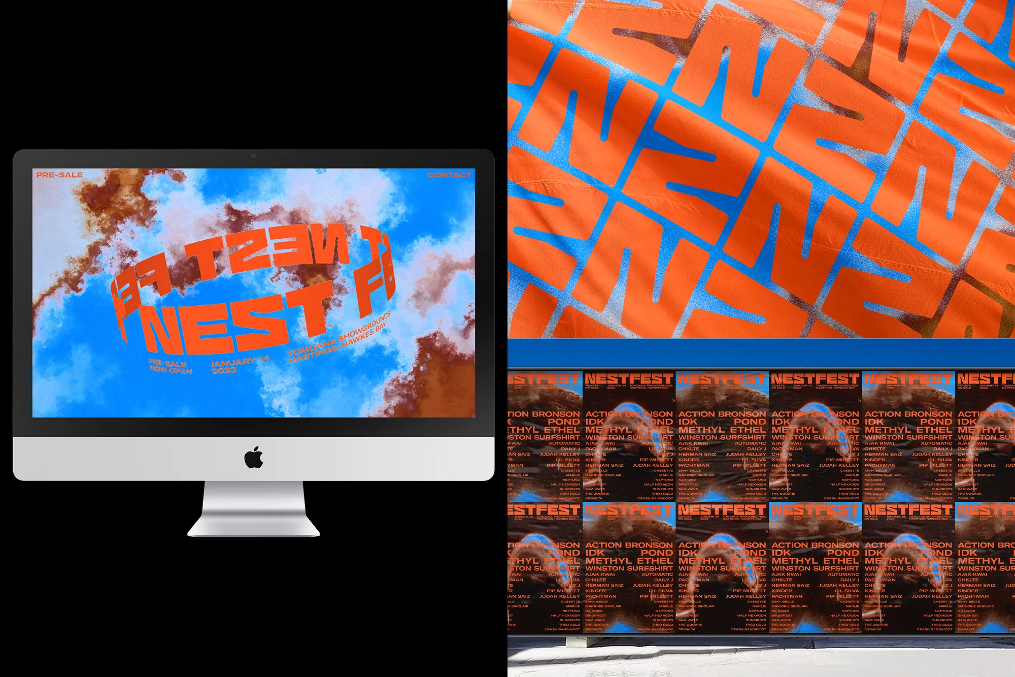 Computer monitor displaying 'NESTFEST' graphic, wallpaper with repeating 'N' pattern, and wall with multiple NESTFEST posters.