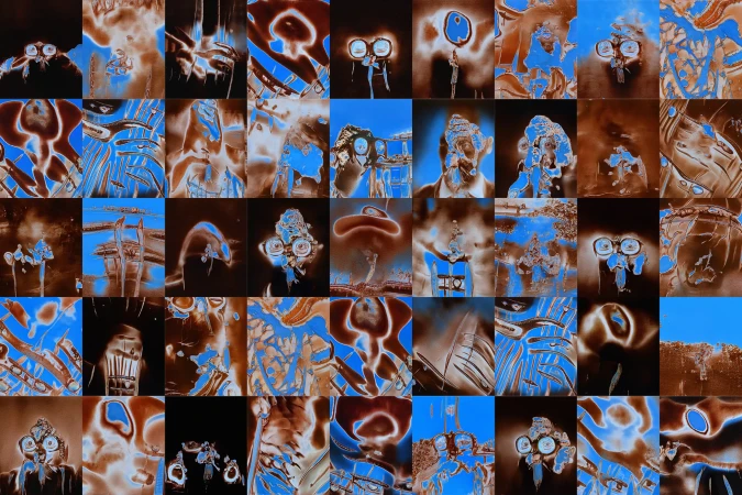 Abstract grid of inverted figures and objects with copper and blue tones, creating a surreal and visually intriguing collage.