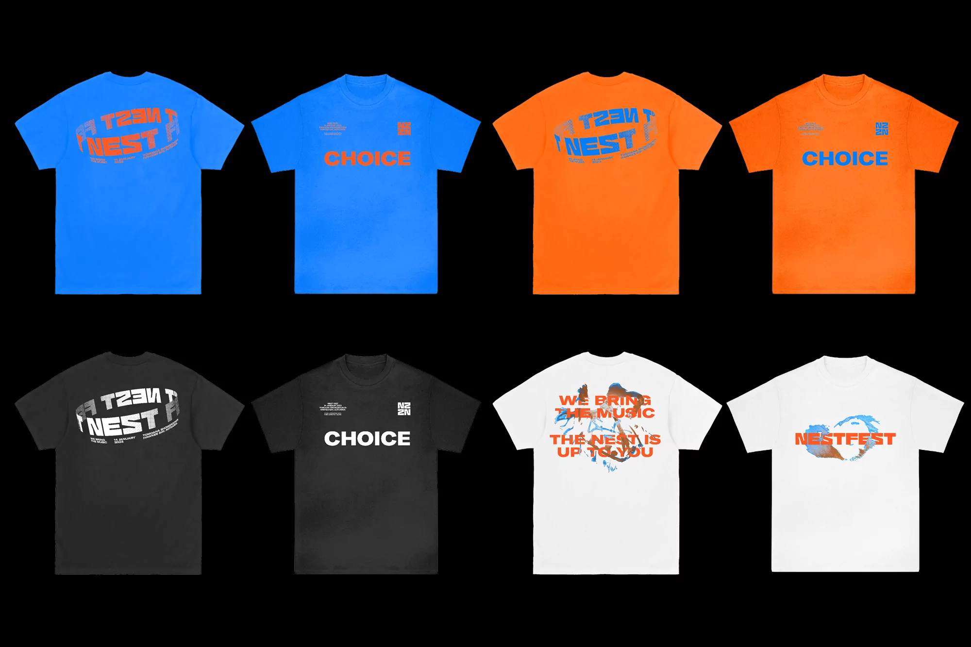 Display of colourful T-shirts in blue, orange, black and white, each adorned with graphic designs and text, against a dark background.