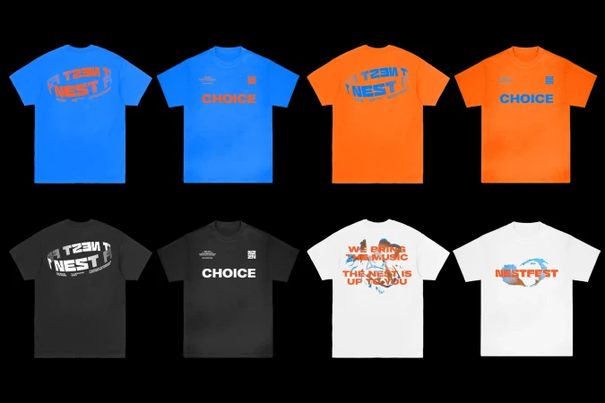 Display of colourful T-shirts in blue, orange, black and white, each adorned with graphic designs and text, against a dark background.