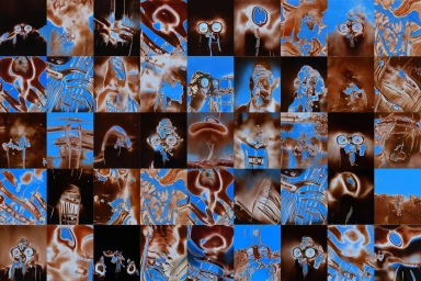 Grid of thirty-five abstract photographic panels in inverted blue and brown tones featuring experimental visual motifs.
