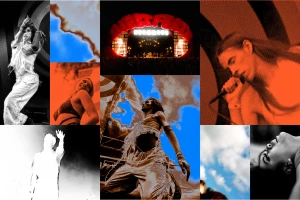 Collage of high contrast festival photography featuring performers under red neon stage lights and blue skies