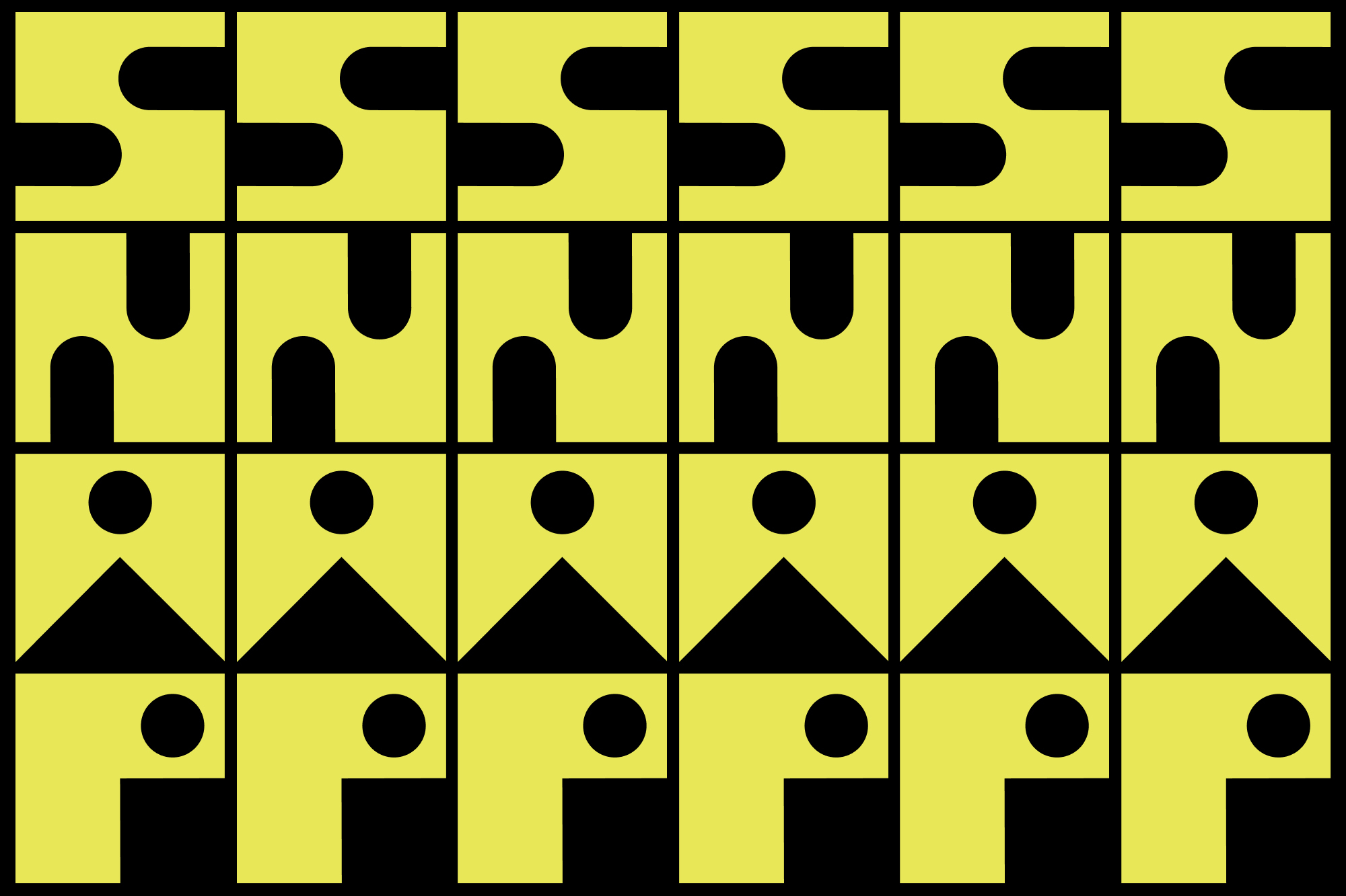 Abstract geometric pattern featuring repeated S, N, figure, and P-like shapes in a tiled arrangement with black shapes on a yellow background.