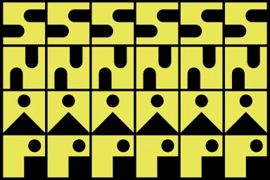 Graphic pattern featuring repeated yellow letterforms spelling SNAP in a bold geometric grid style against black.