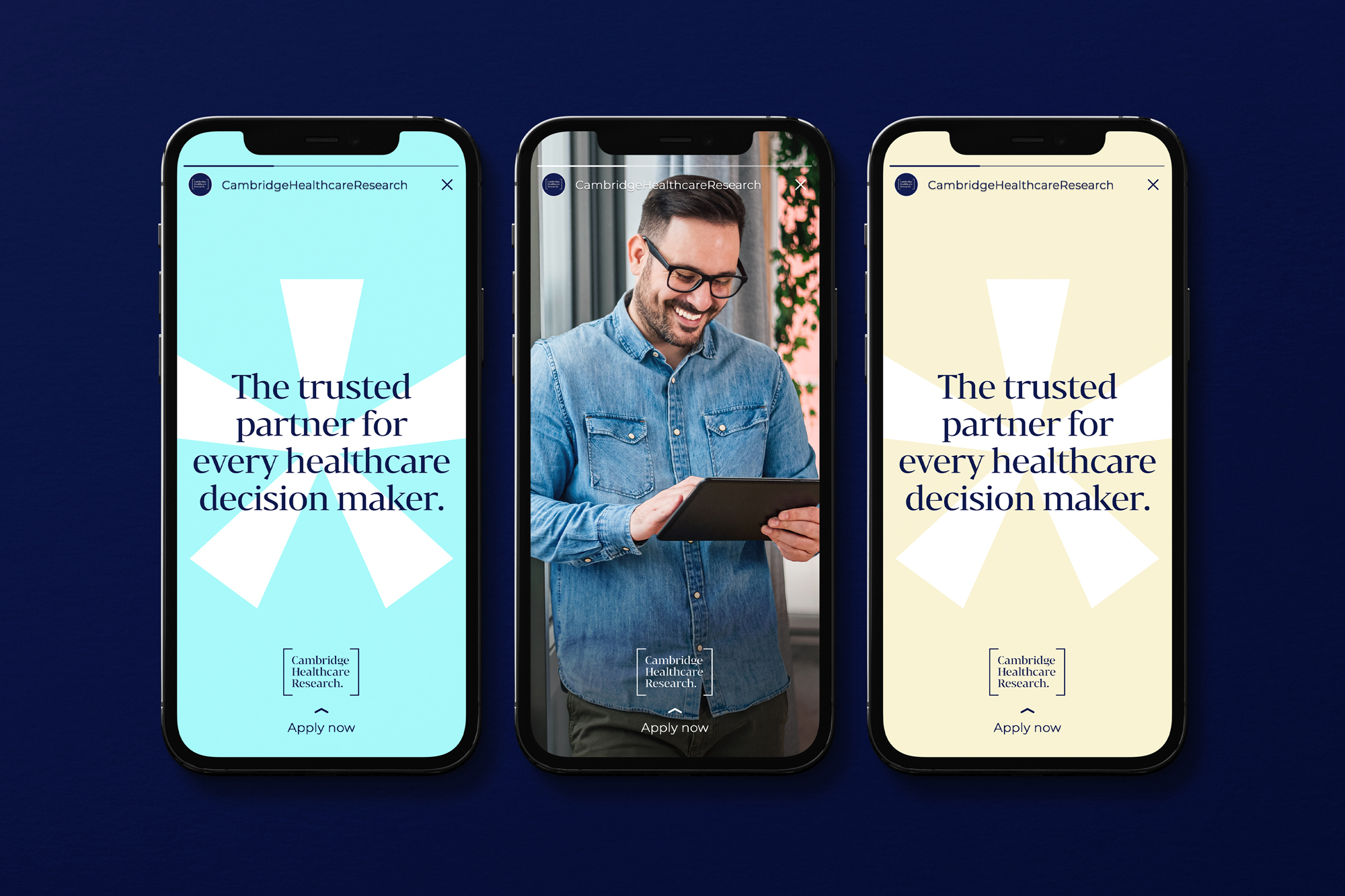 Three mobile phones show a Cambridge Healthcare Research advertisement with a man using a tablet and text promoting healthcare partnership.
