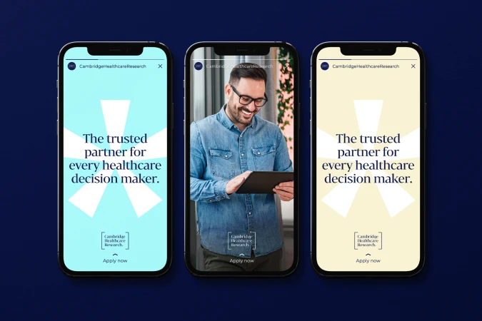 Three mobile phones show a Cambridge Healthcare Research advertisement with a man using a tablet and text promoting healthcare partnership.