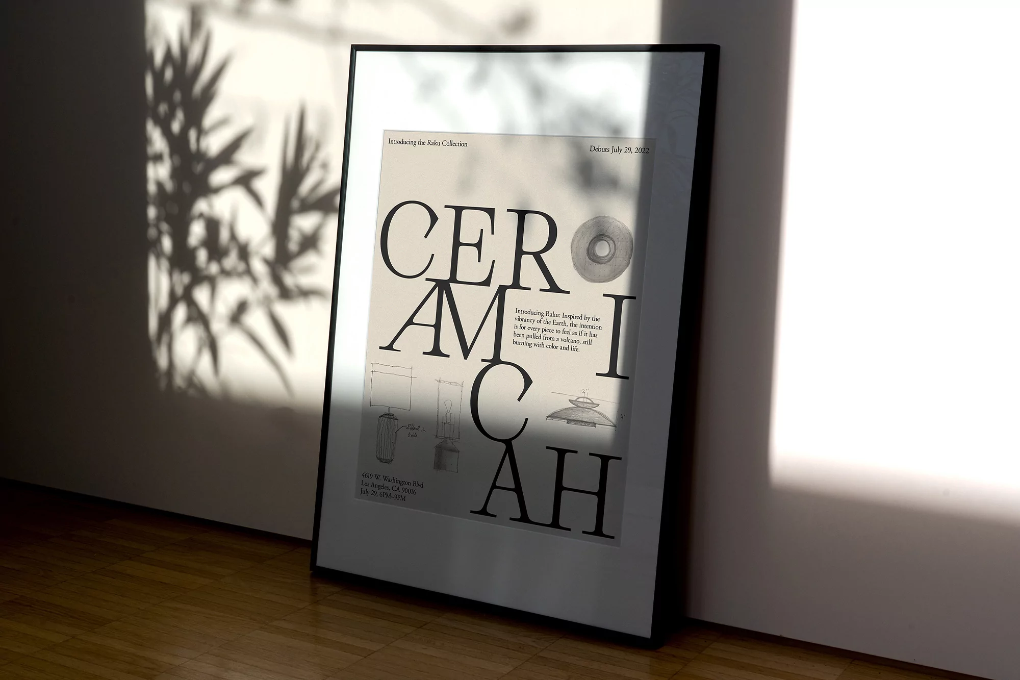 Framed 'Ceramica' poster featuring sketches of ceramic objects on a wood floor with a plant shadow projected onto the wall.