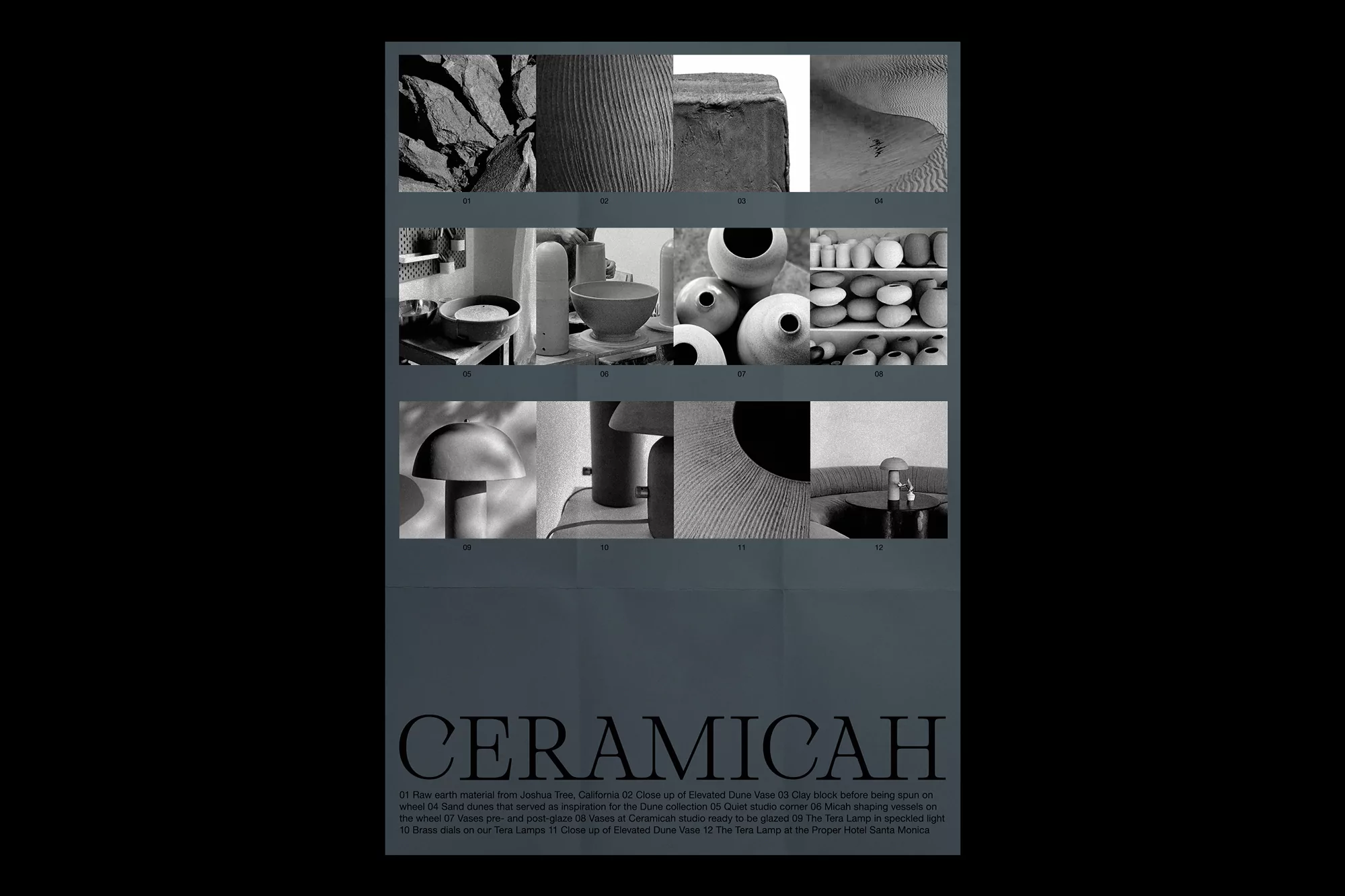 Monochromatic montage of ceramic materials and vases, showcasing a range of textures and forms, set against a dark backdrop.