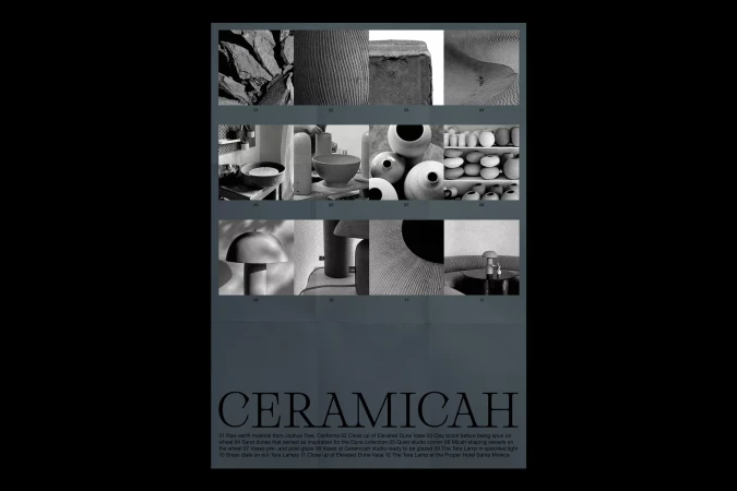 Monochromatic montage of ceramic materials and vases, showcasing a range of textures and forms, set against a dark backdrop.
