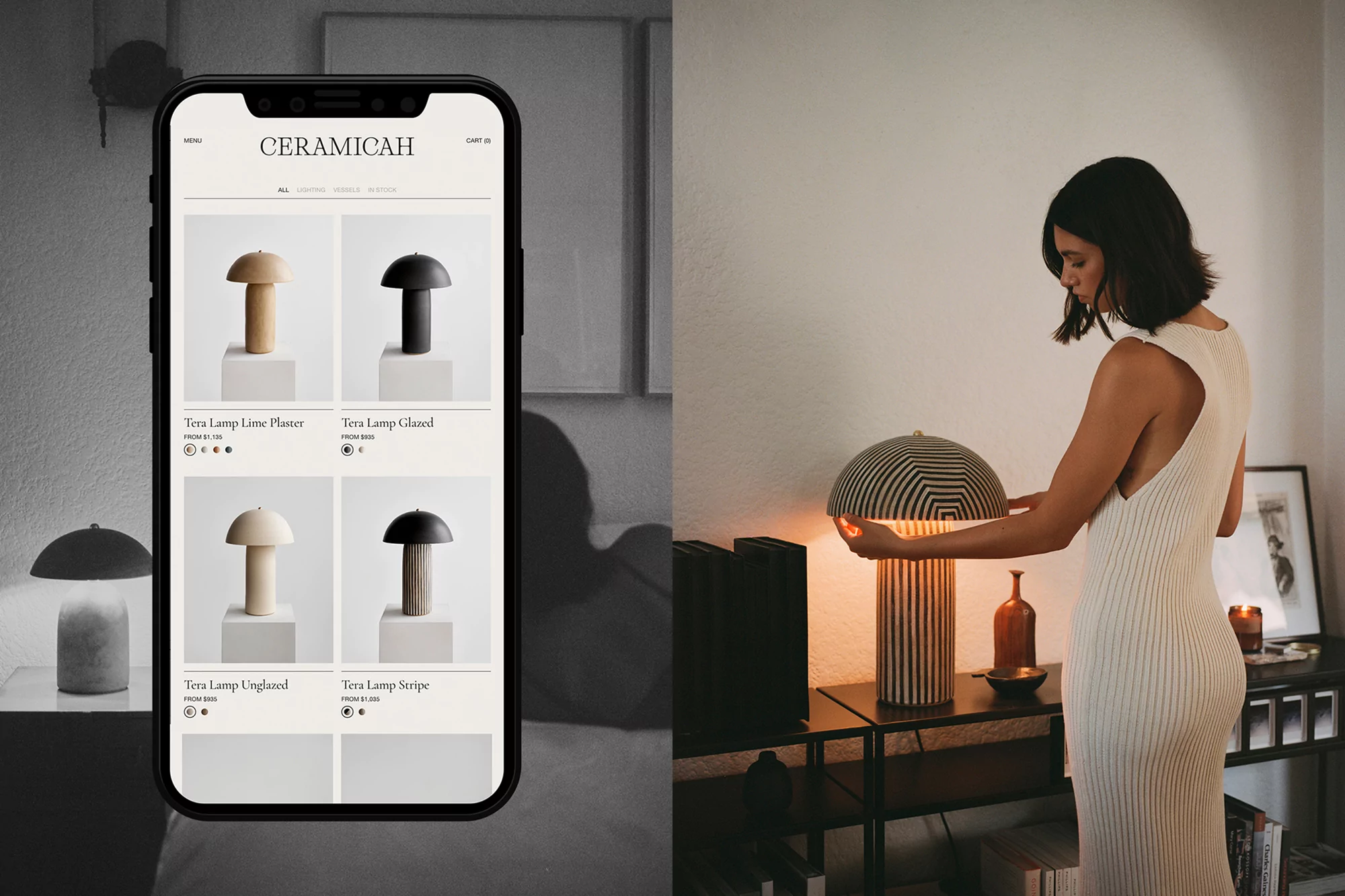 Woman in dress adjusts modern striped table lamp next to smartphone displaying lamp e-commerce site indoors, product and lifestyle shot.